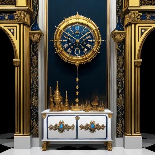Antique French Clock with Brass Inlay, Oil Painting