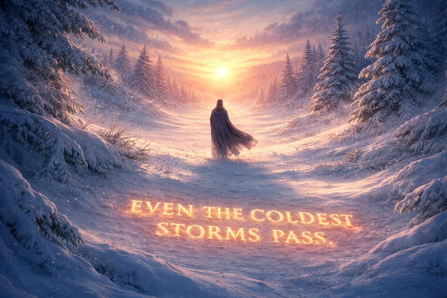 Solitary Figure Greets Sunrise After Snowy Storm