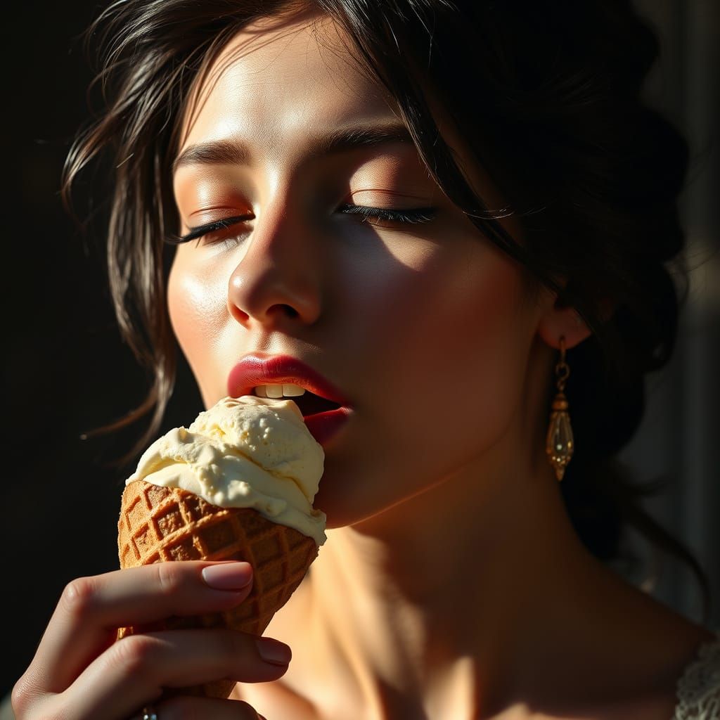Luminous Beauty Savoring Decadent Ice Cream in Baroque Style