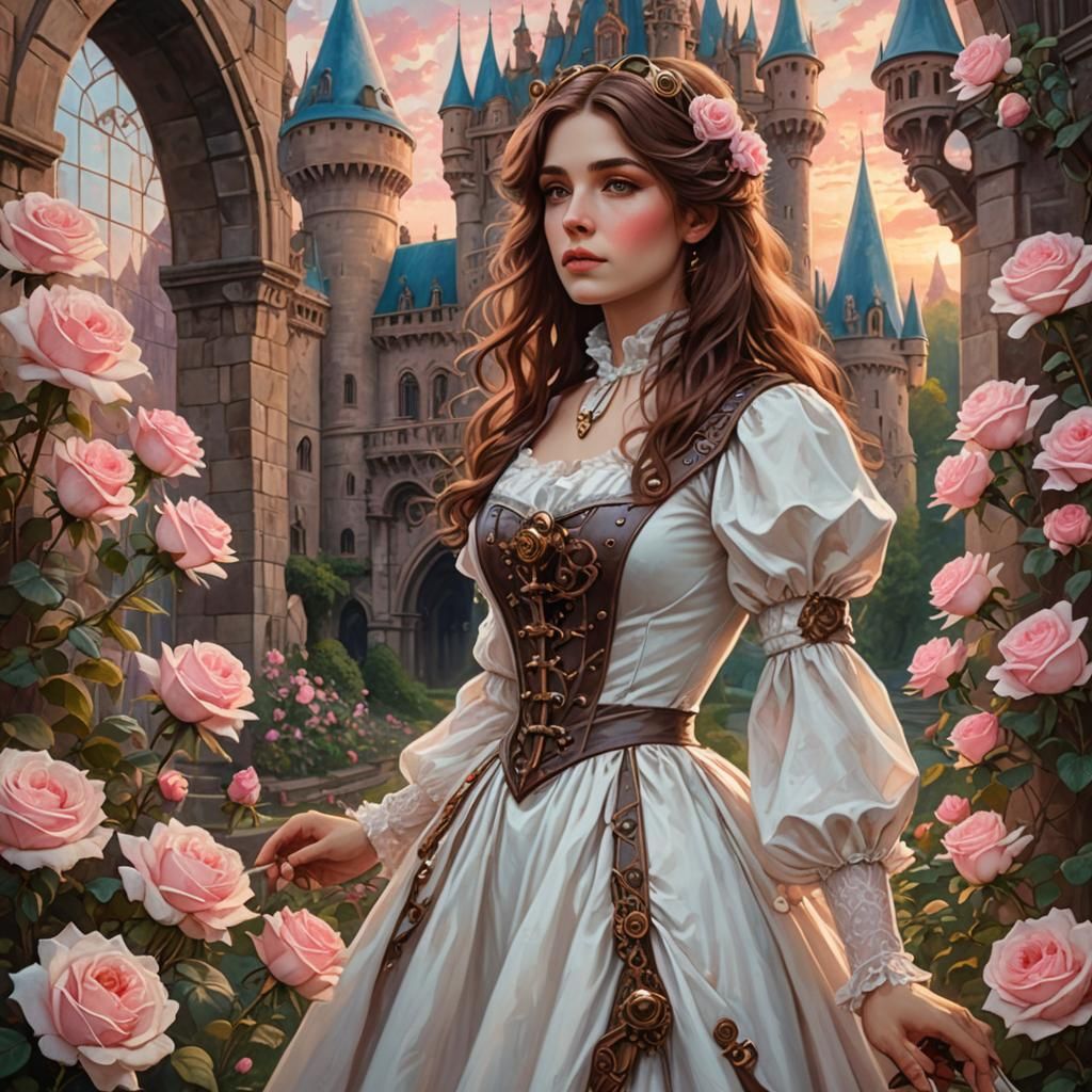 Steampunk Woman with Roses and Castle: Pre-Raphaelite Style