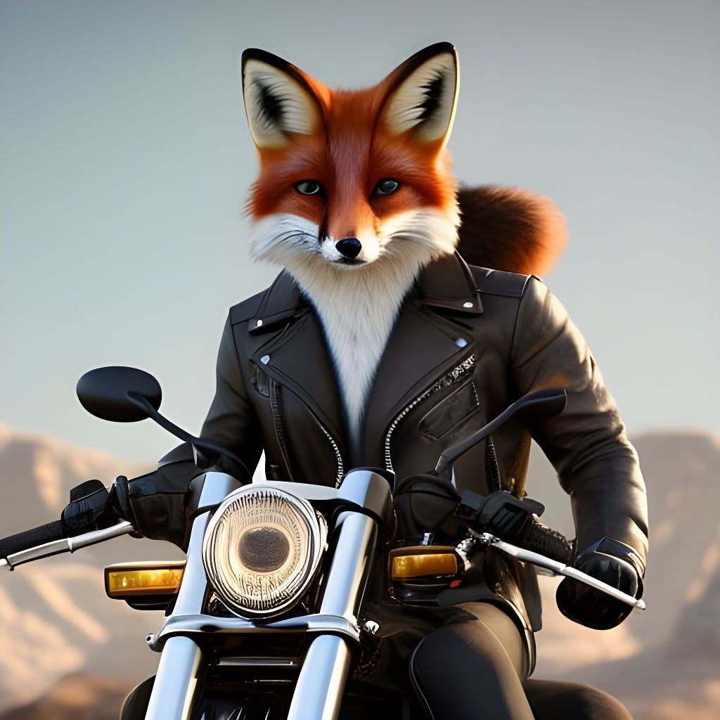 Fox on Motorcycle in Leather Jacket: 8K Concept Art