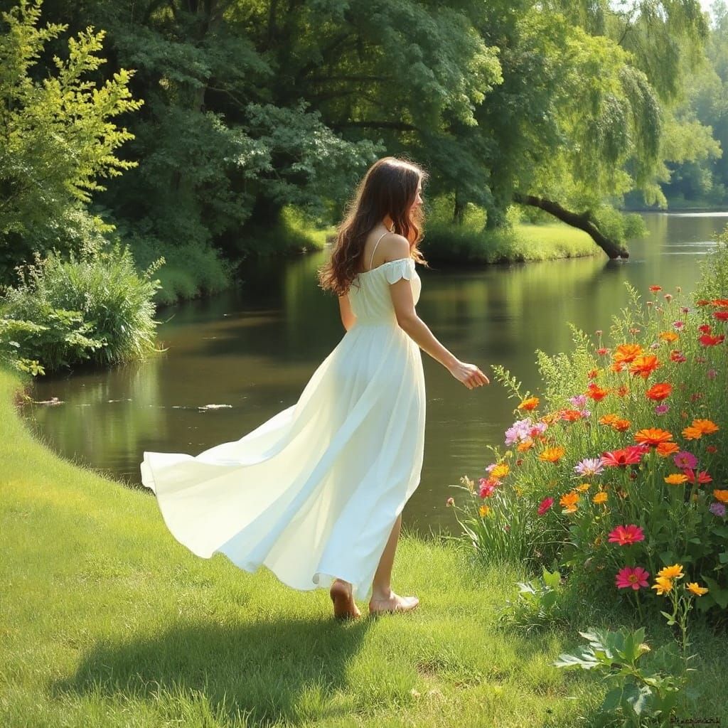 Woman Strolls Along a Riverbank in Soft Monet-Inspired Hues