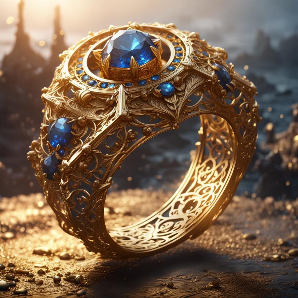 Intricate Gold Diamond Ring in Fantasy Art Style