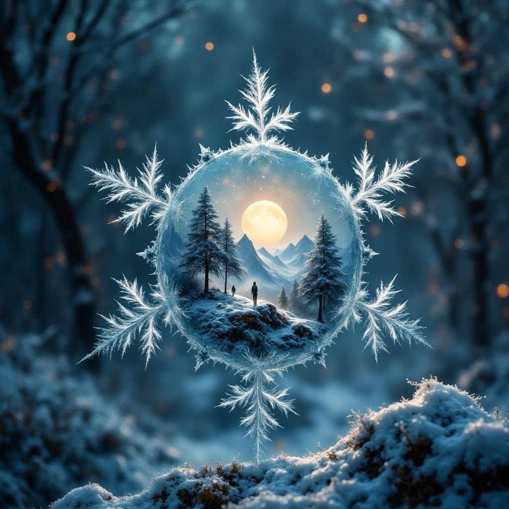 Hyperrealistic Snowflake With Miniature World Inside
