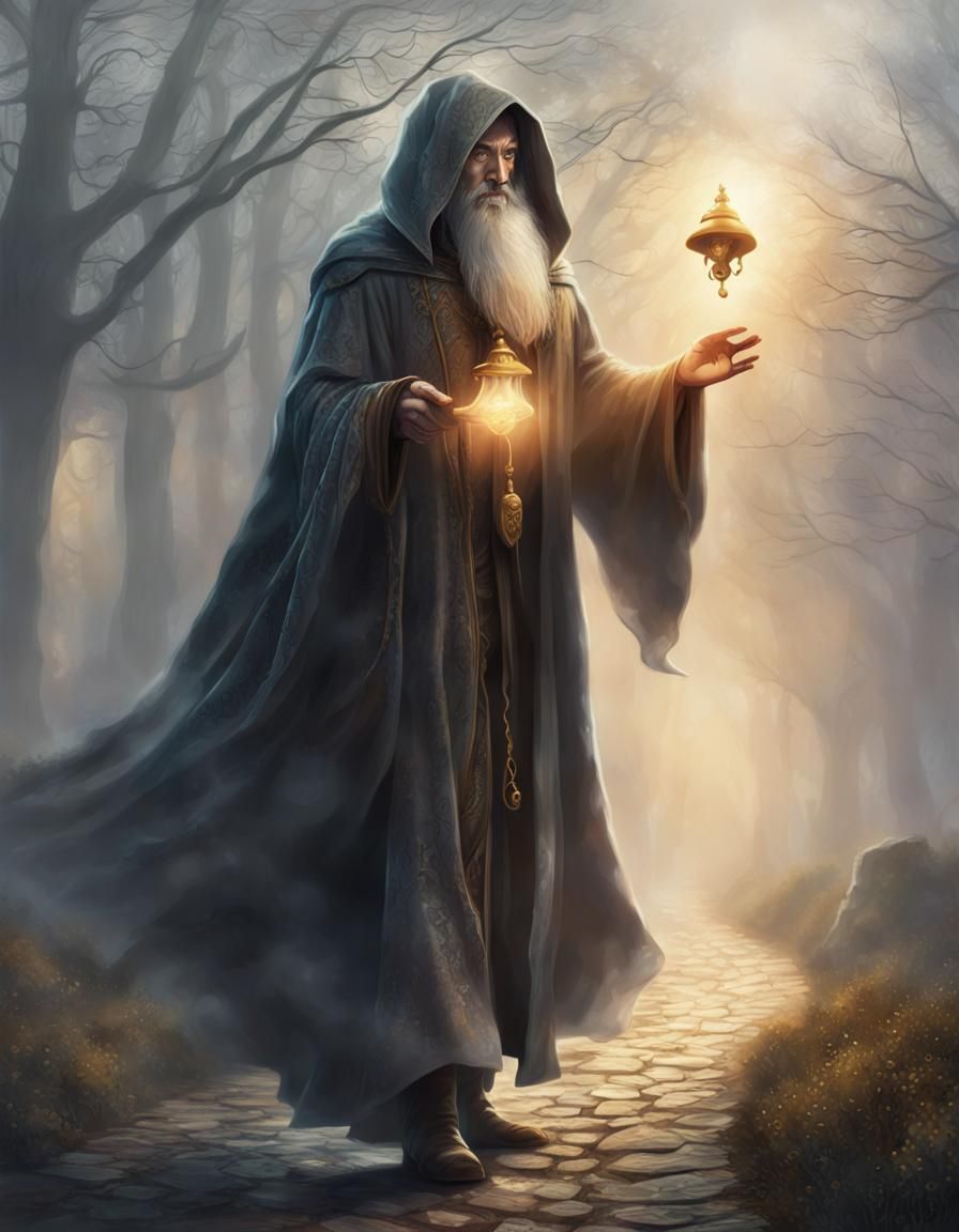 Wizard Spreading Magic on Misty Morning
