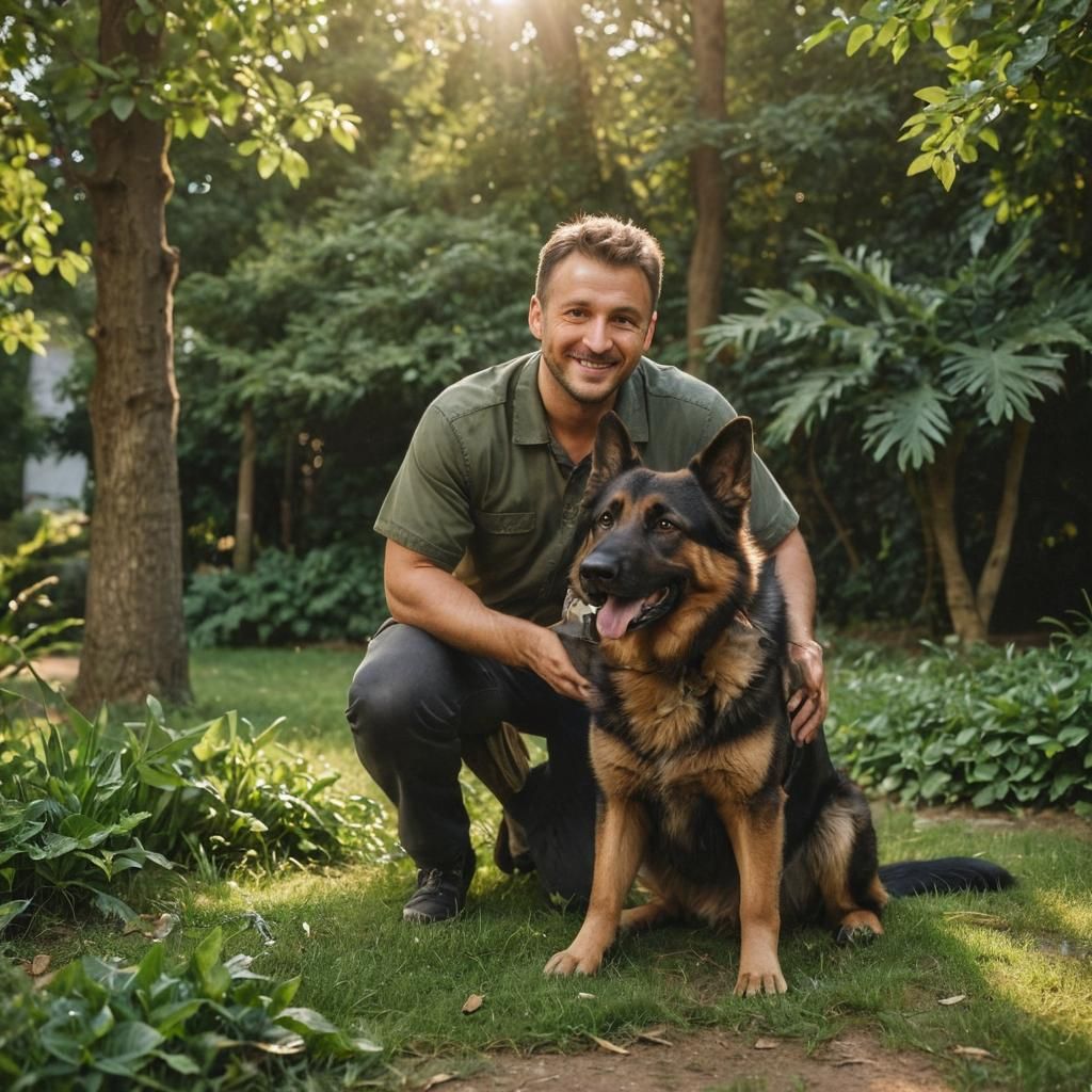 Man and Dog Portrait in Warm Sunlight
