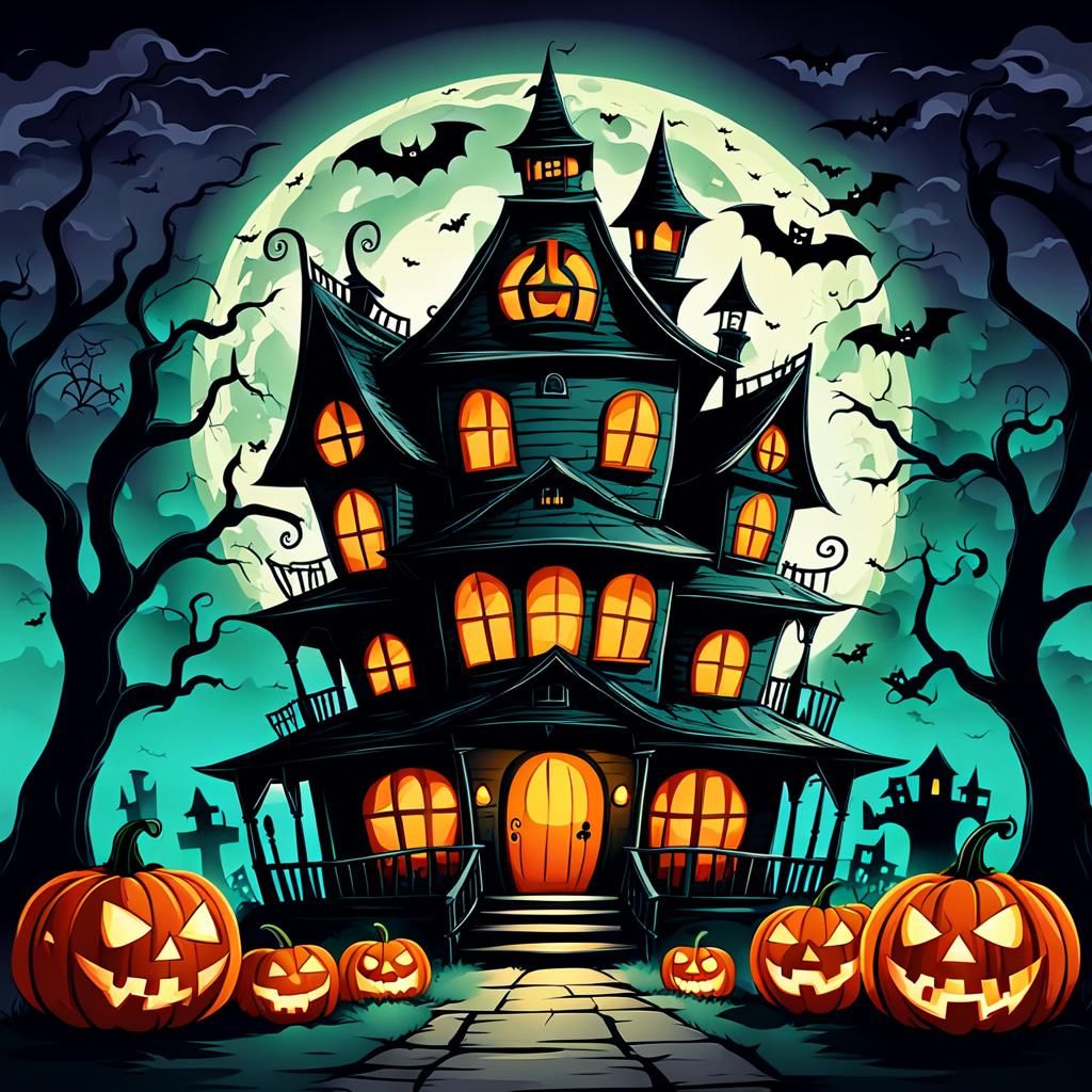 Spooky Retro Halloween Cartoon Haunted House