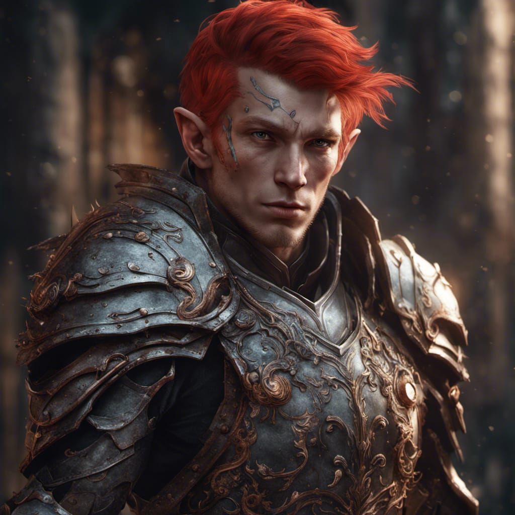 Armored Gray Elf Warrior with Red Hair