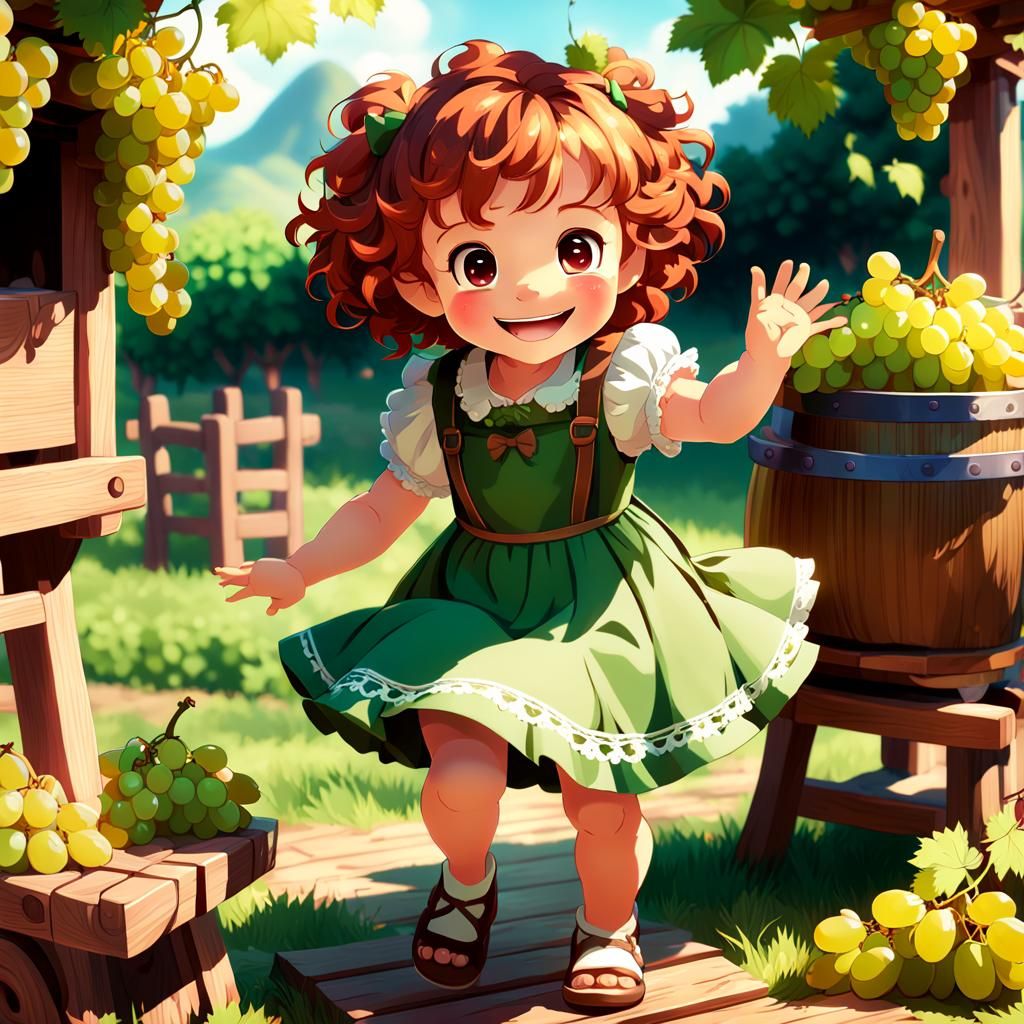 Anime Girl Stomping Grapes in a Wooden Press