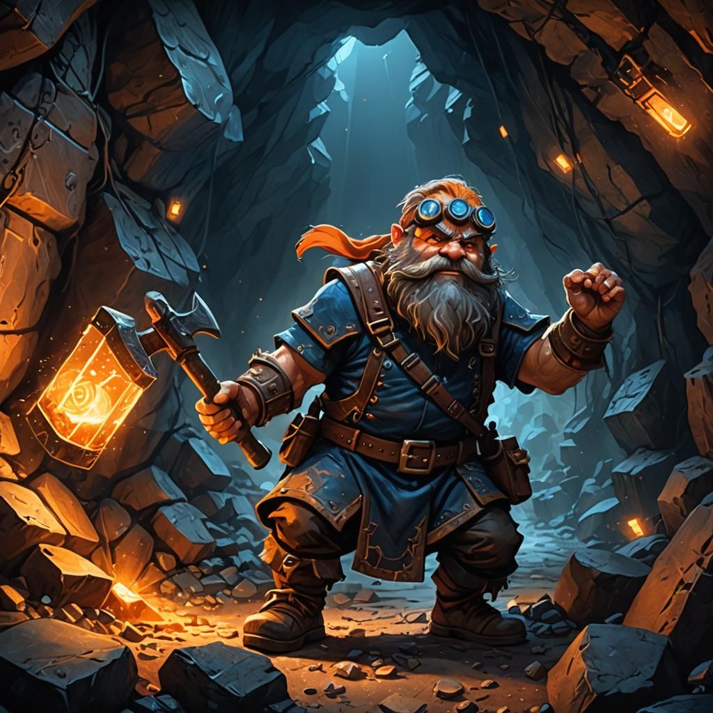 Dwarf Bitcoin Mining in a Cave: Digital Art