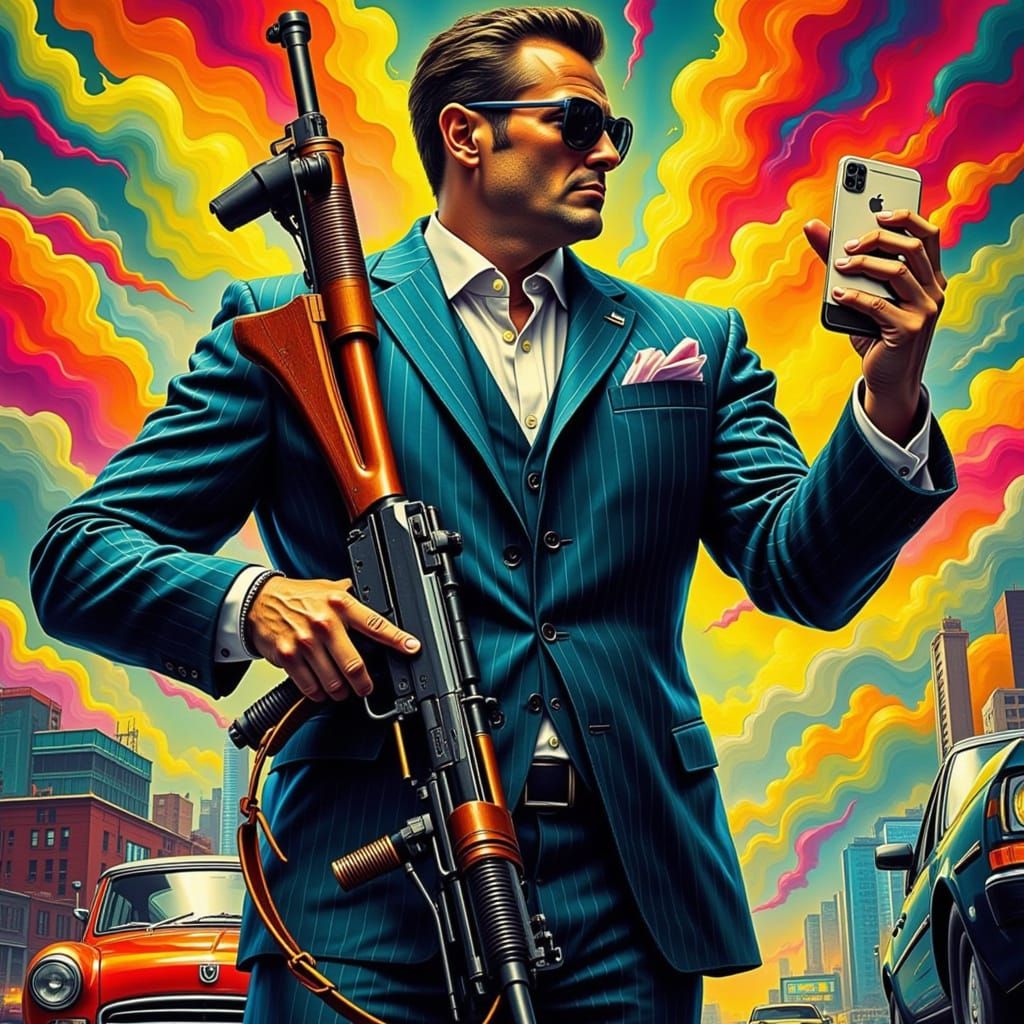 Gritty Cyberpunk Hero Poses with AK 47 in Neon-Drenched City...