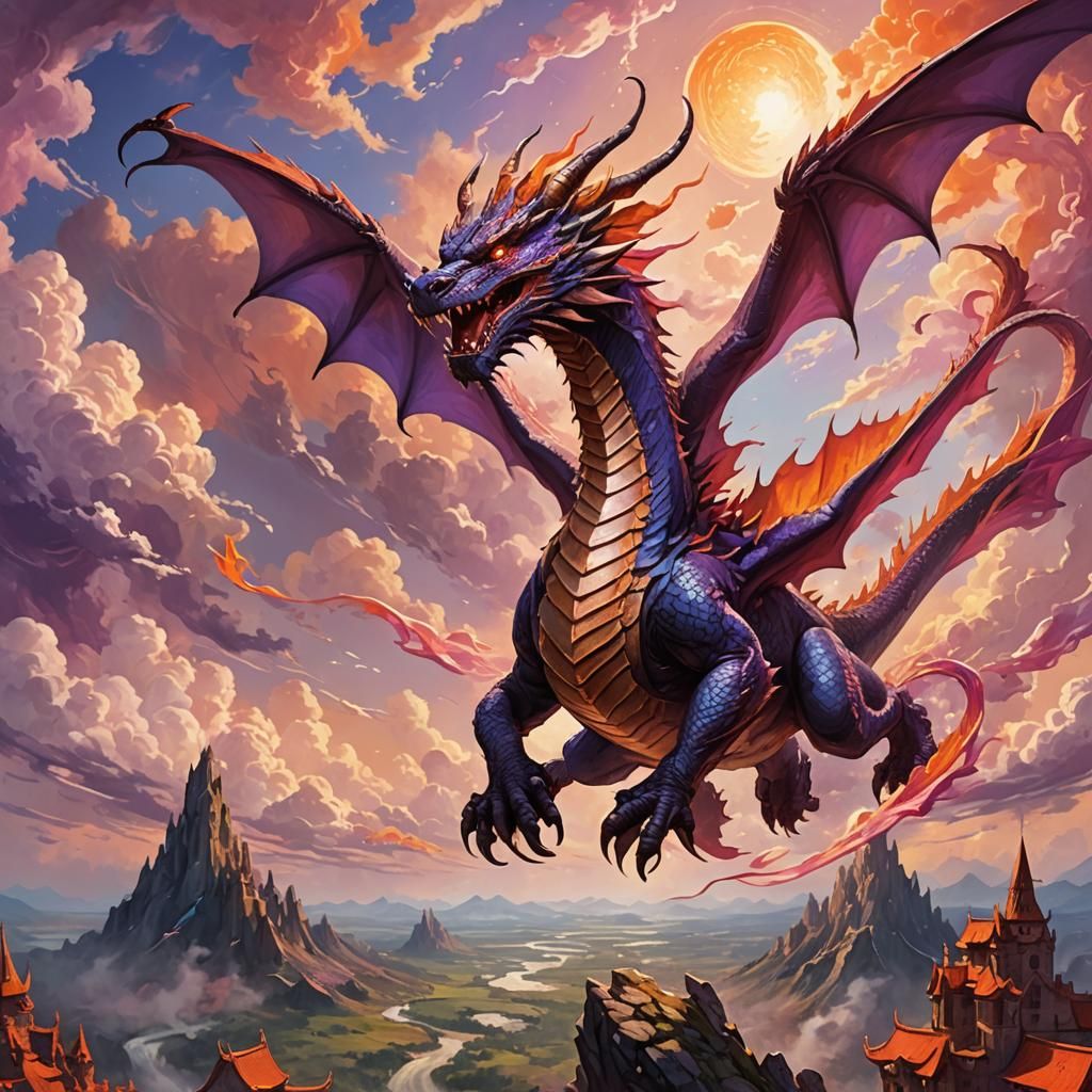 Dragon Soars Through Vibrant Skies in Fantasy Concept Art