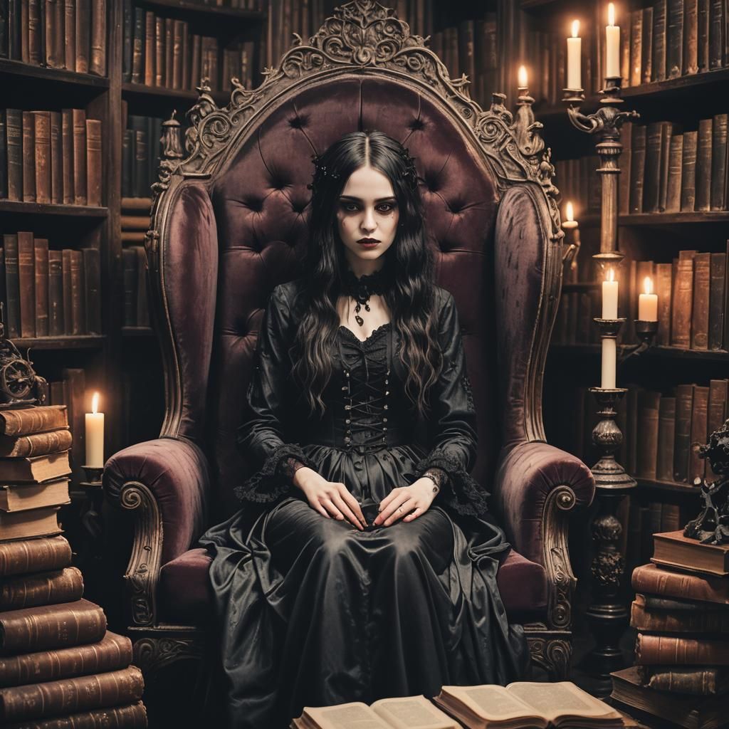 Gothic Girl in Library with Candles
