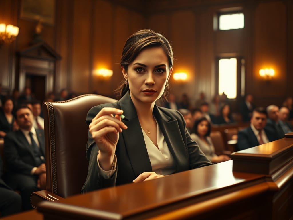 Cinematic Portrait of a Confident Female Lawyer in the Court...