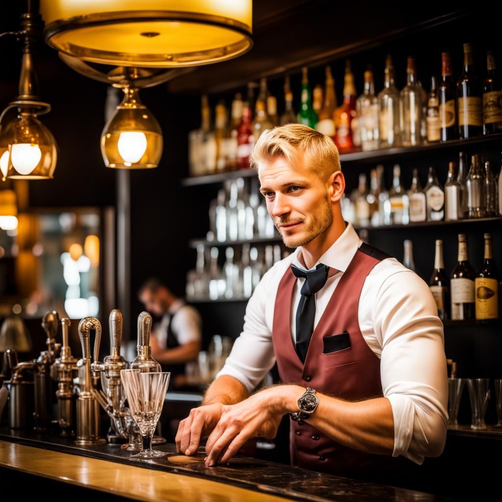 Busy Blond Bartender in Bright Budapest Bar