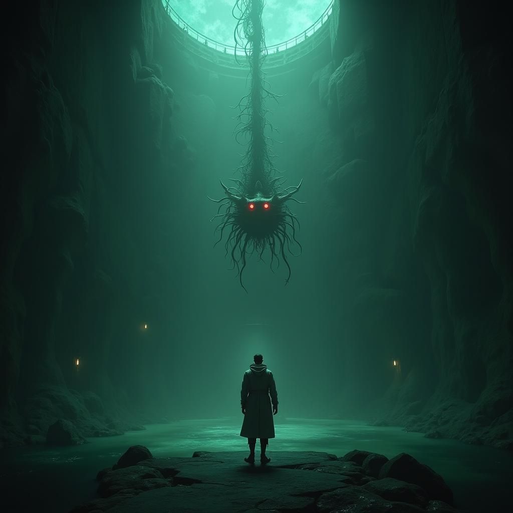 Eerie Bioluminescent Chamber with Creature Fetus