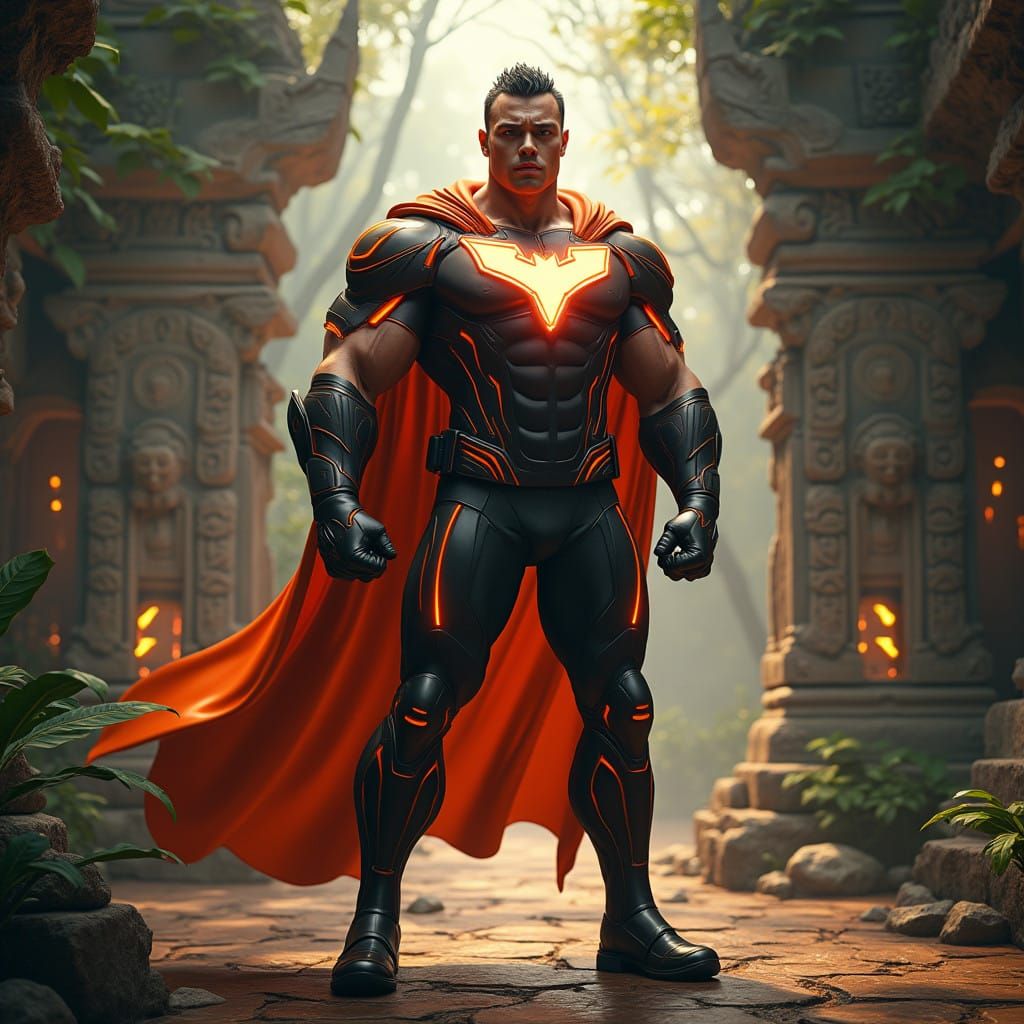 Futuristic PE Teacher Hero in Ancient Temple
