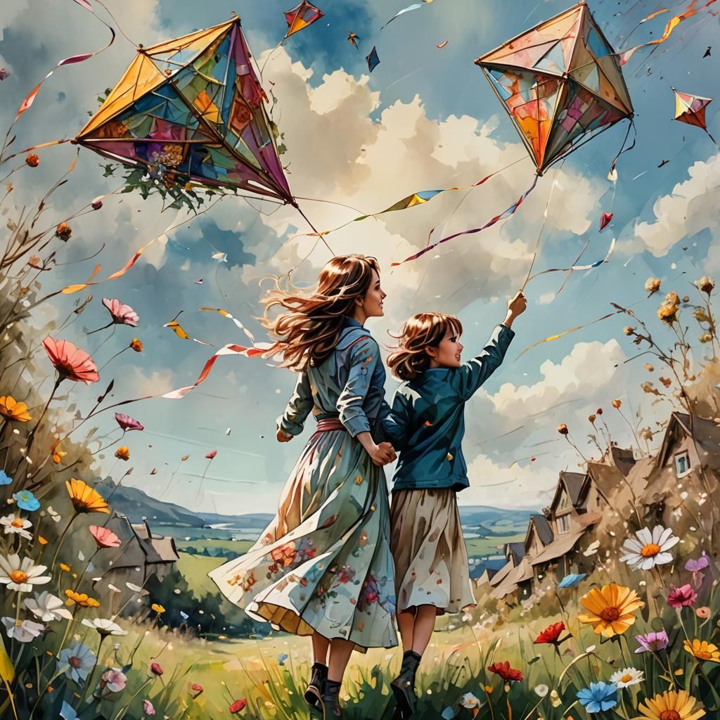 Mother and Daughter Fly a Kite: Watercolor Art