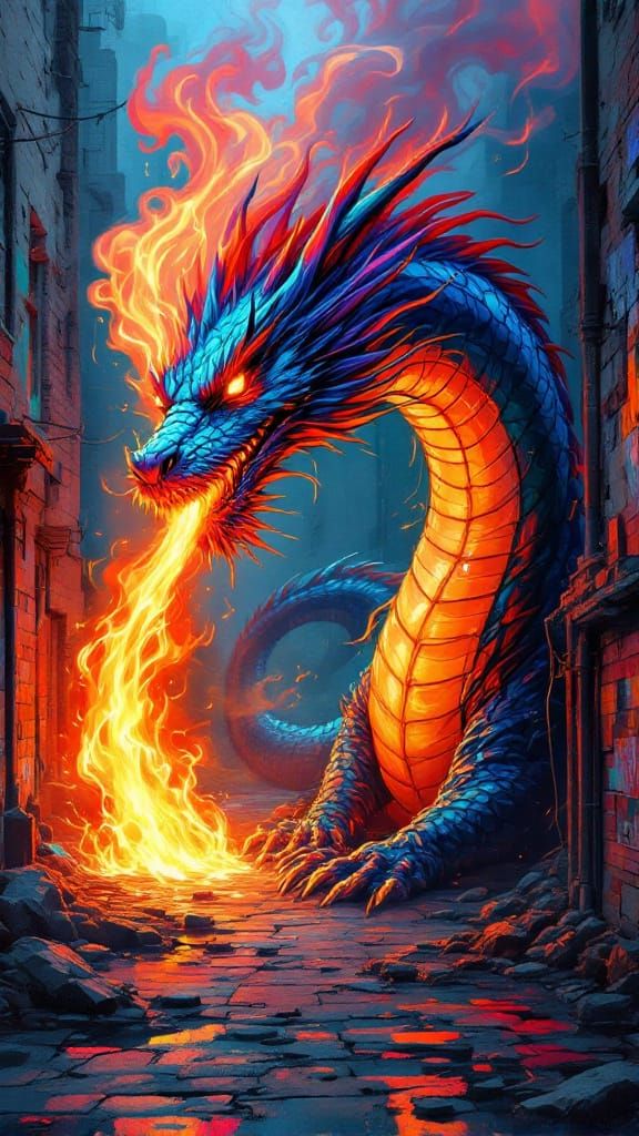 Vibrant Dragon 'Smokey' in Gritty Urban Graffiti Art