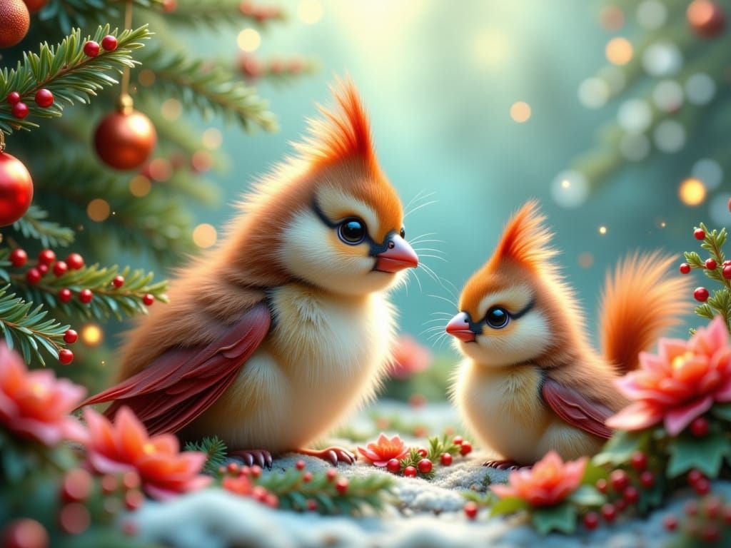 Adorable Chibi Cardinal Family in Ethereal Dreamscape