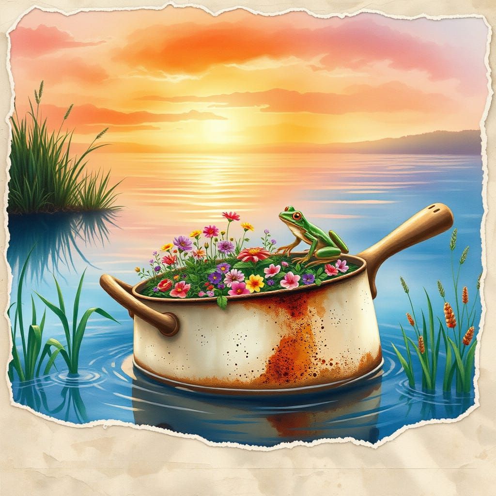 Watercolor Sunset Scene with Vibrant Wildflowers and Ancient...