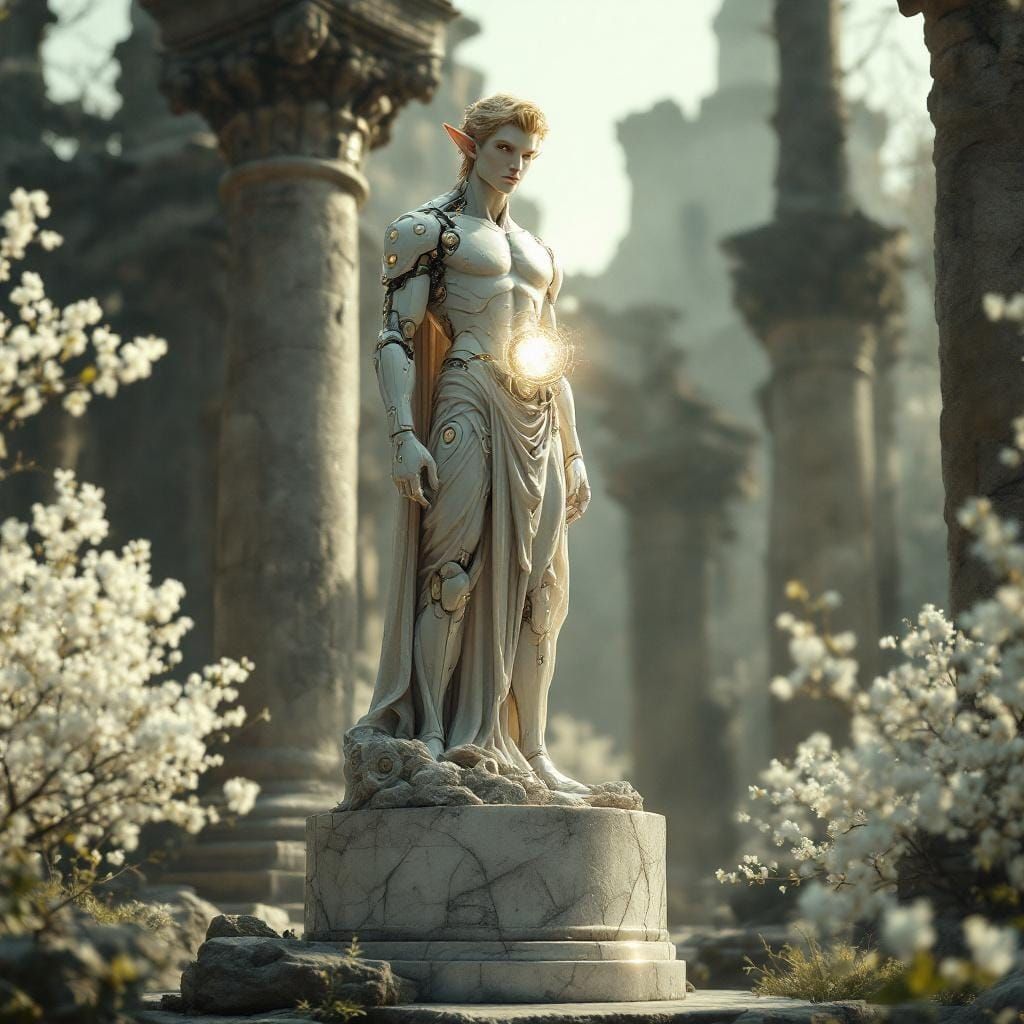Cyborg Elf Idol in Ruined Temple, Oil Realism