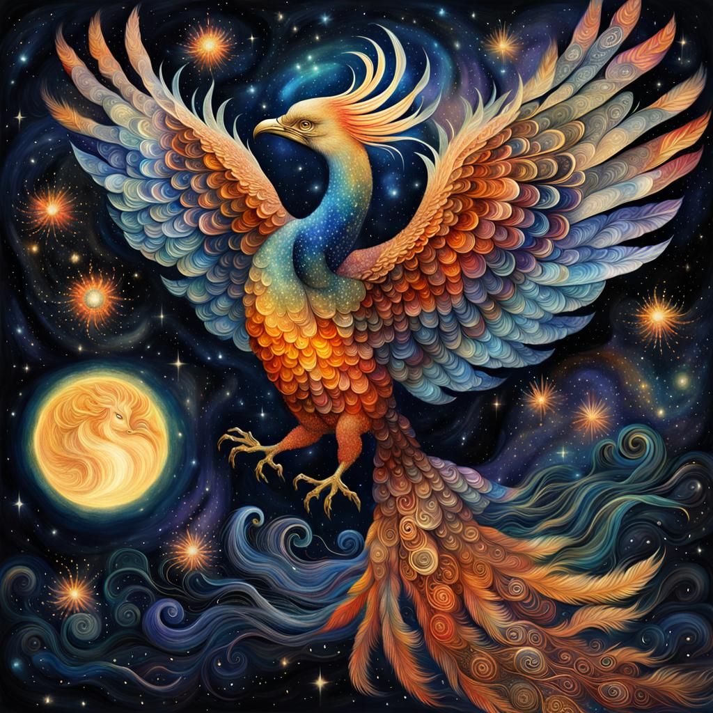 Stardust Phoenix Ascends in Night Sky