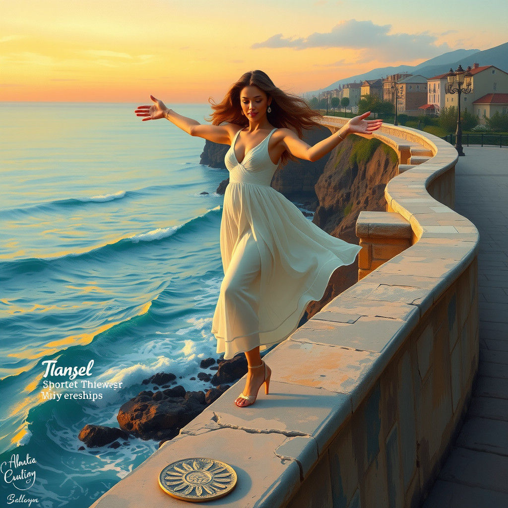 Woman Balances on Wall at Dusk in Impressionist Style