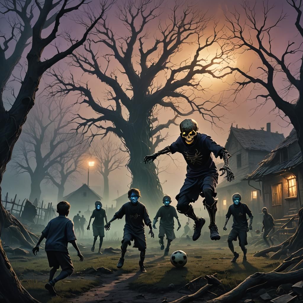 Dark Fantasy Kids Football in Misty Village
