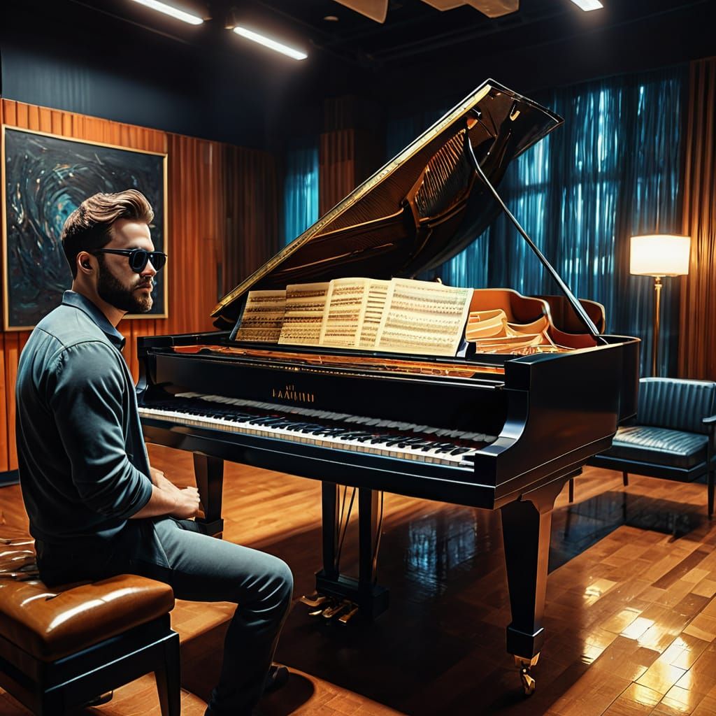 Young Man Plays Piano in a Studio, Masterpiece in Oil Painti...
