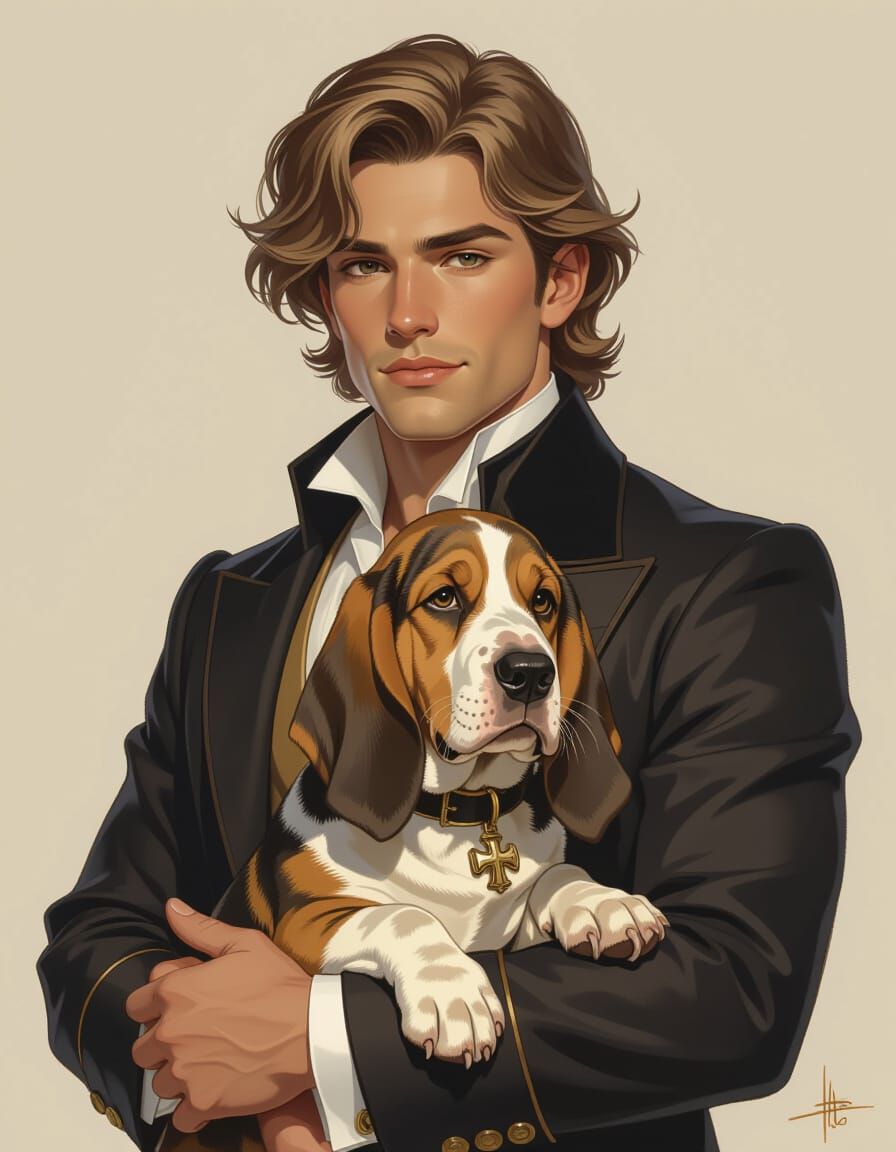 Basset Hound Portrait with Aristocratic Man