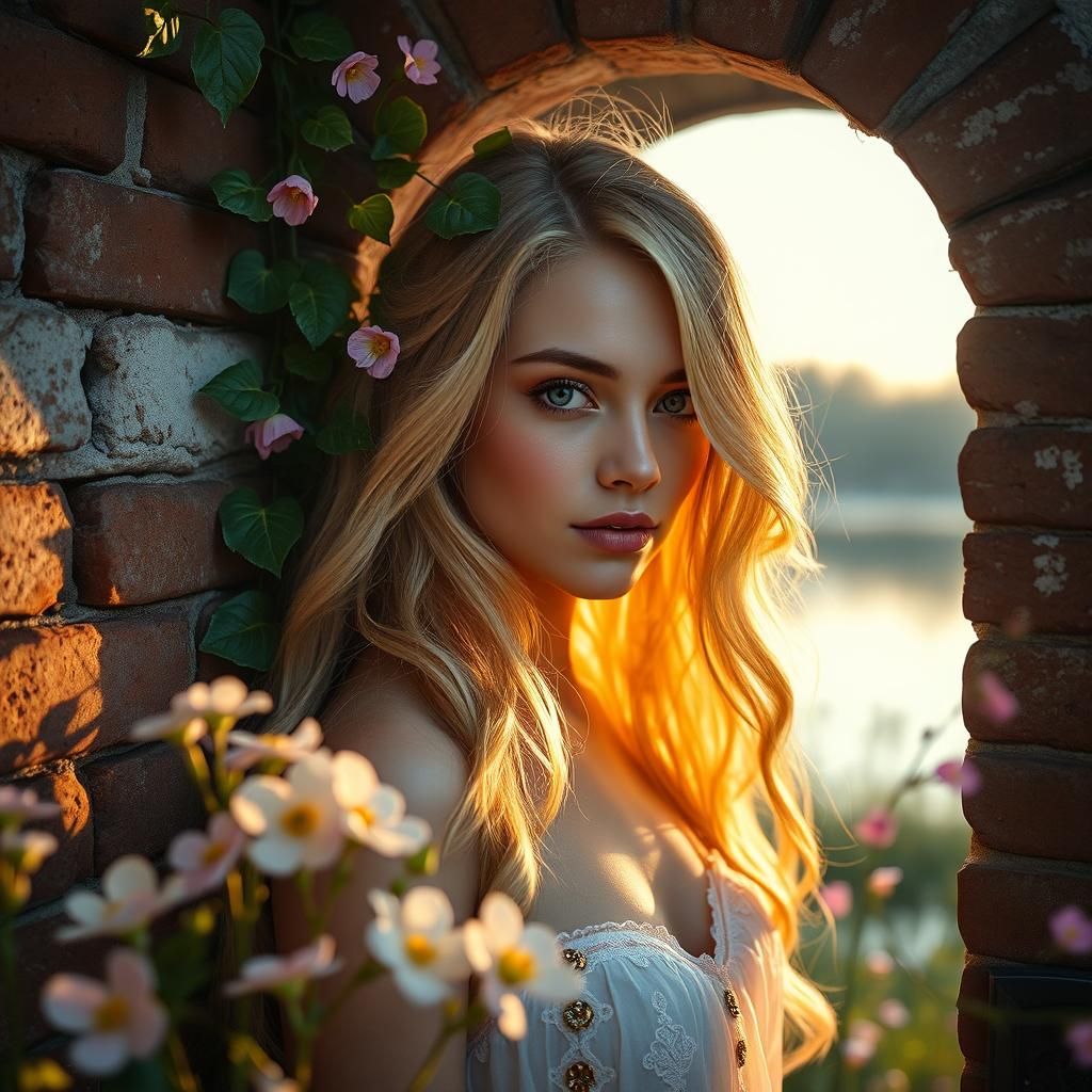 Ethereal Maiden at Window with Vines and Flowers