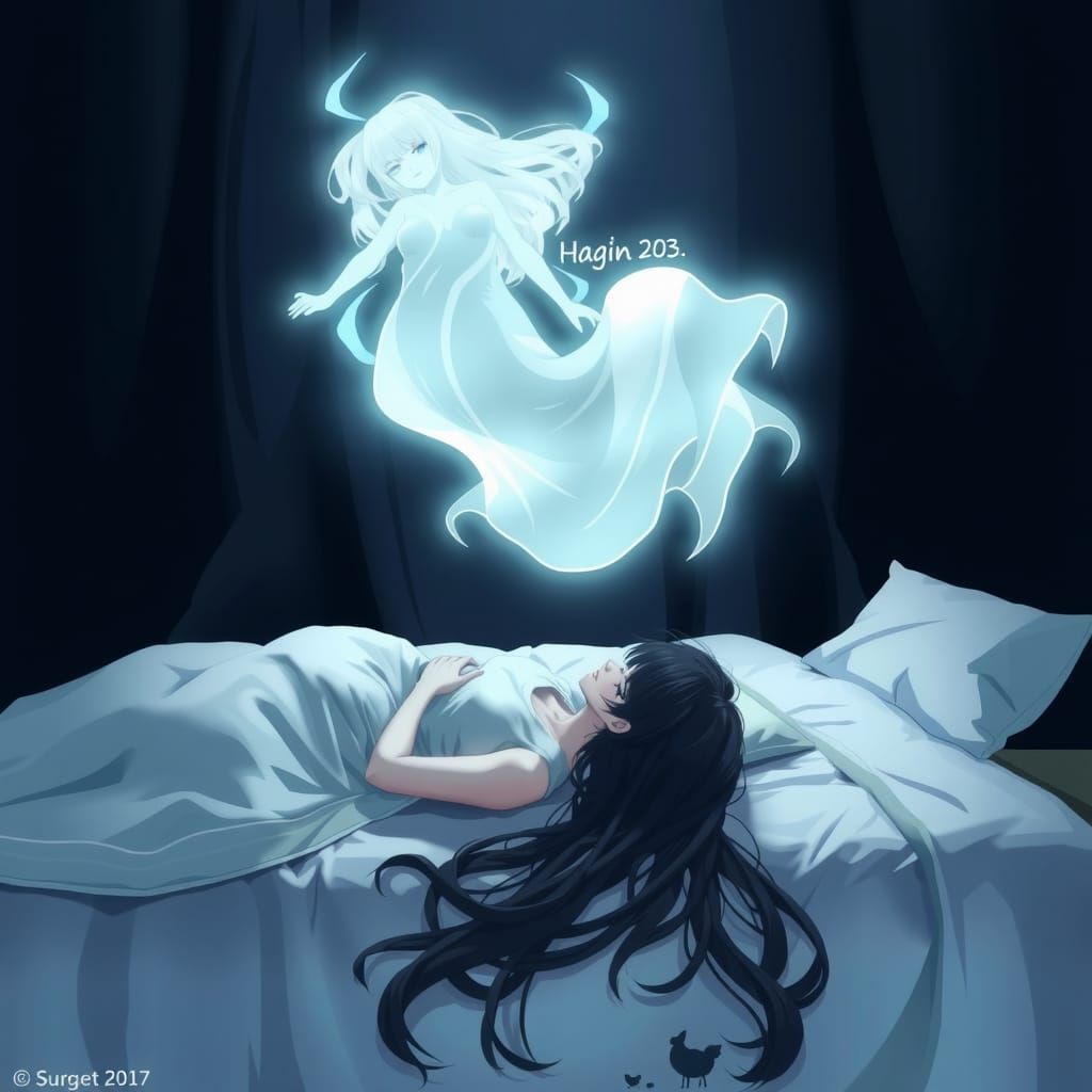 Anime Woman with Ghost in Dark Bedroom