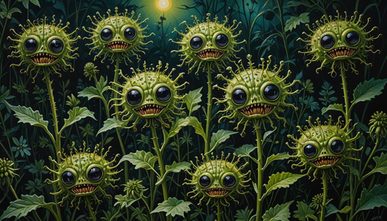 Eerie Hogweeds Spread Seeds: A Surreal Oil Painting