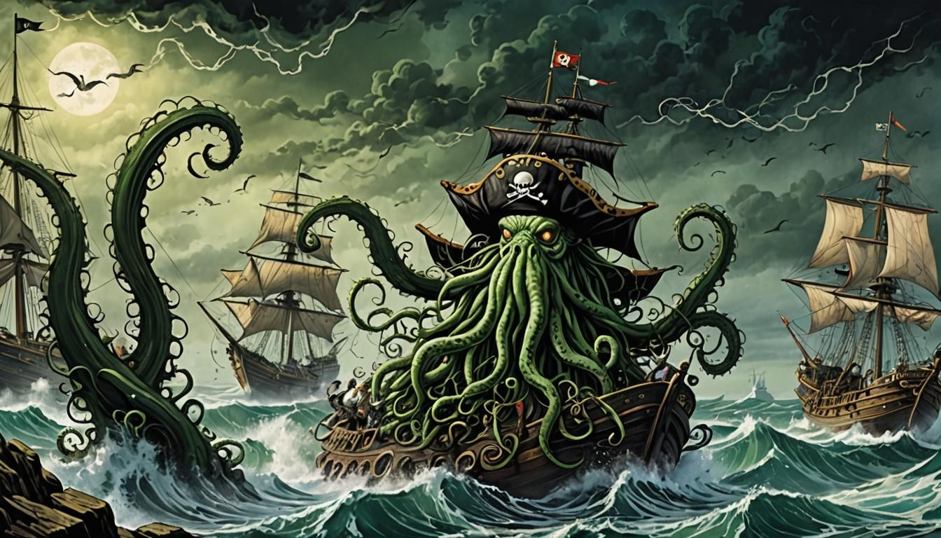 Cthulhu Pirate in Hurricane, Graphic Novel Style