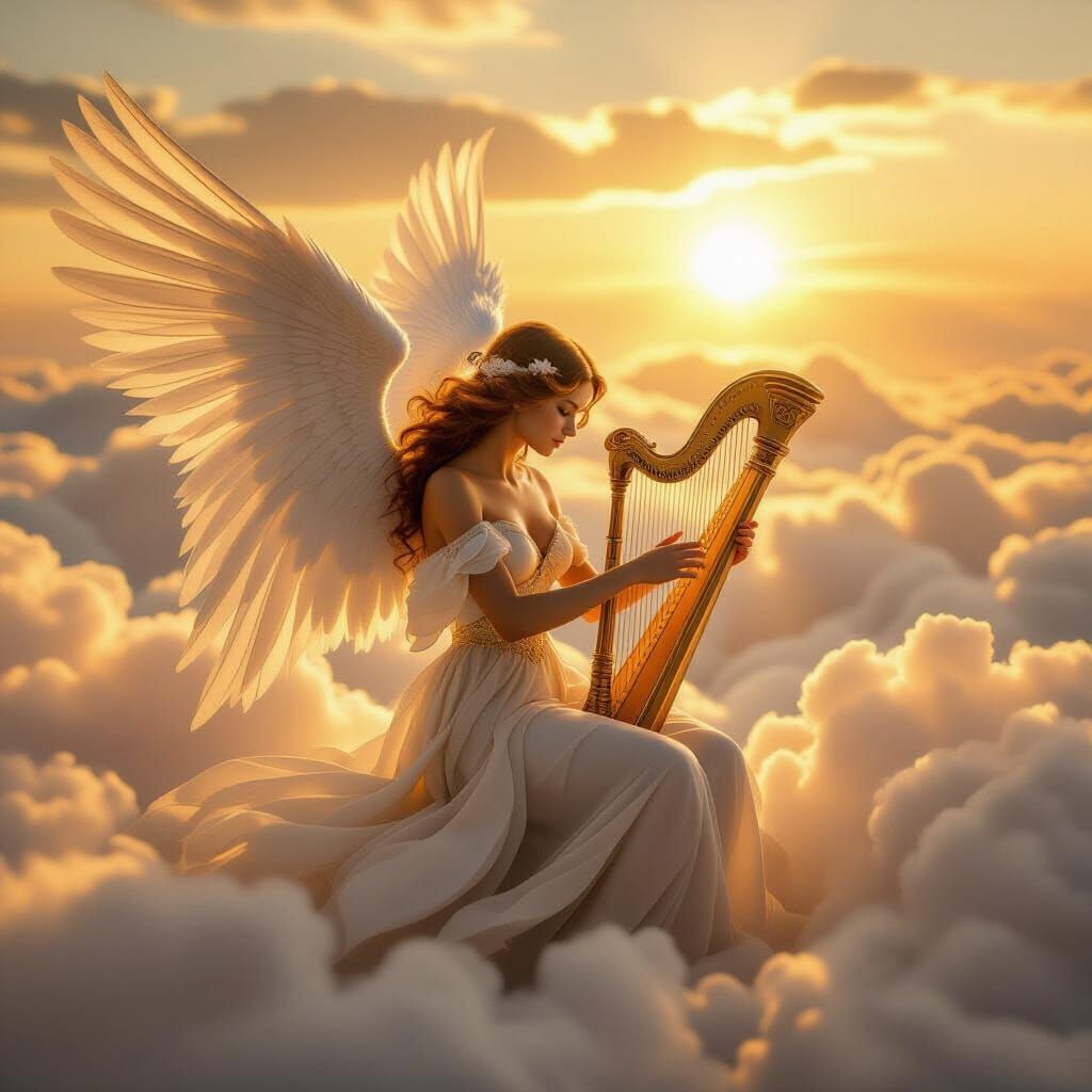 Photorealistic Angel with Harp in Golden Hour Clouds