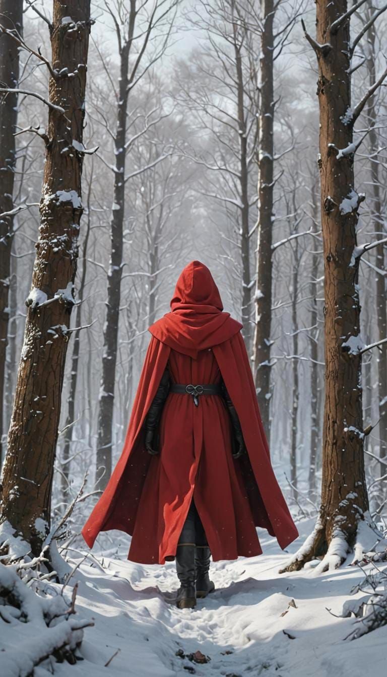 Mysterious Figure in Red Cloak, Snow Forest