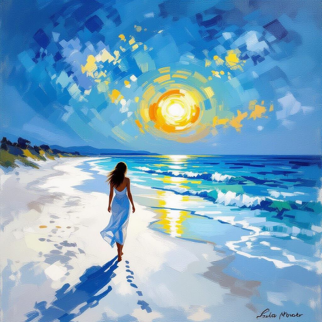 Woman on Beach at Sunset: Impressionistic Landscape