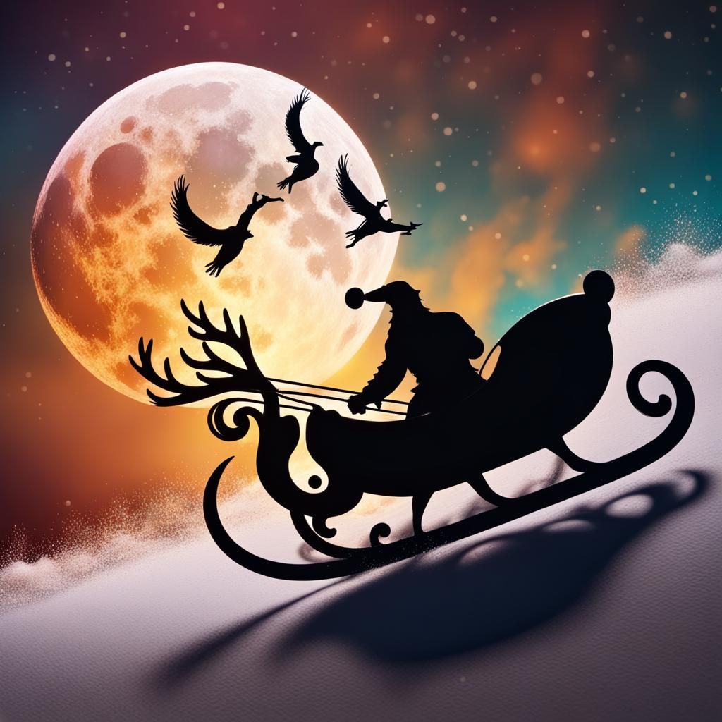 Santa's Sleigh Silhouette Against Moon: Splash Art