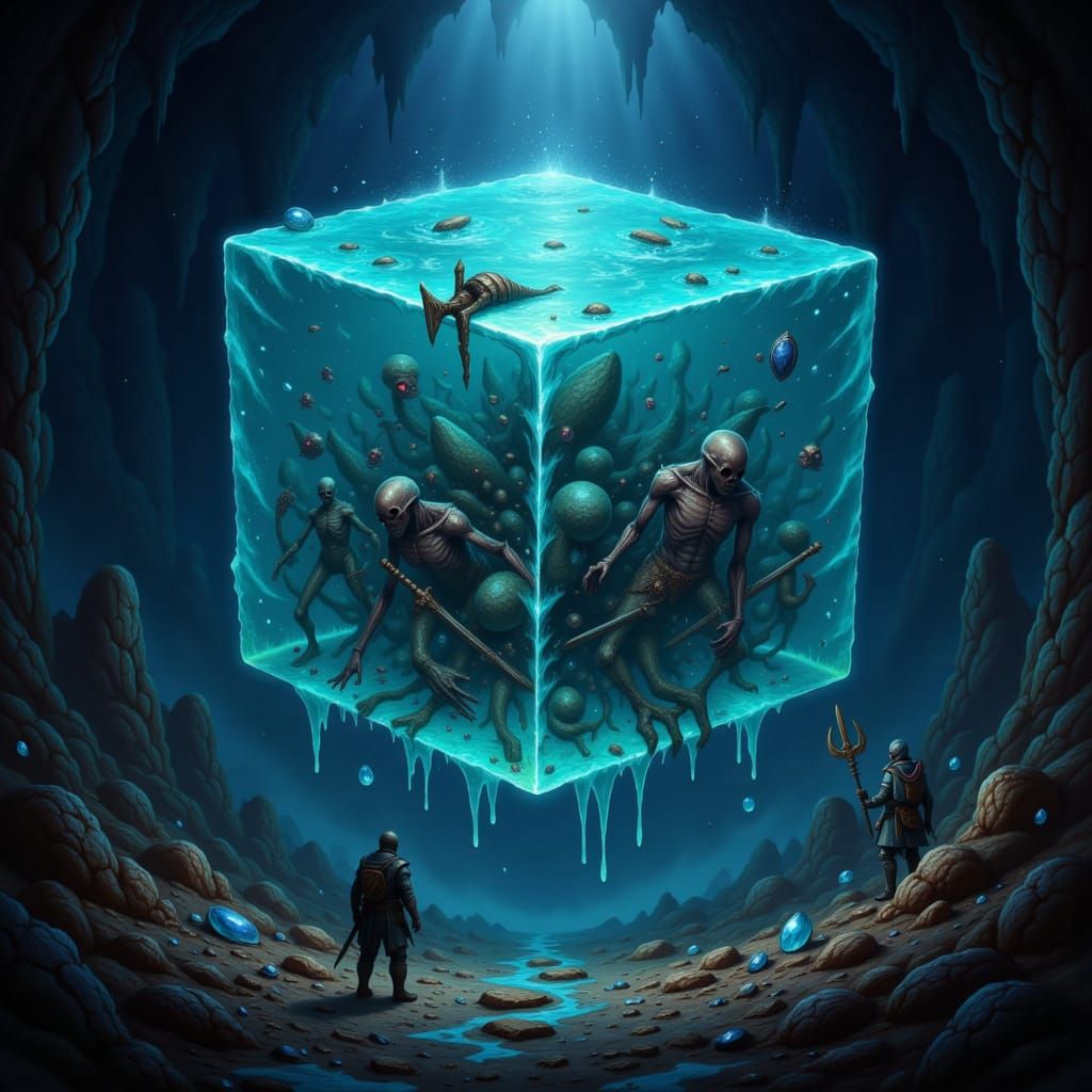 RPG Ooze Cube Dungeon Scene with Decomposed Adventurers