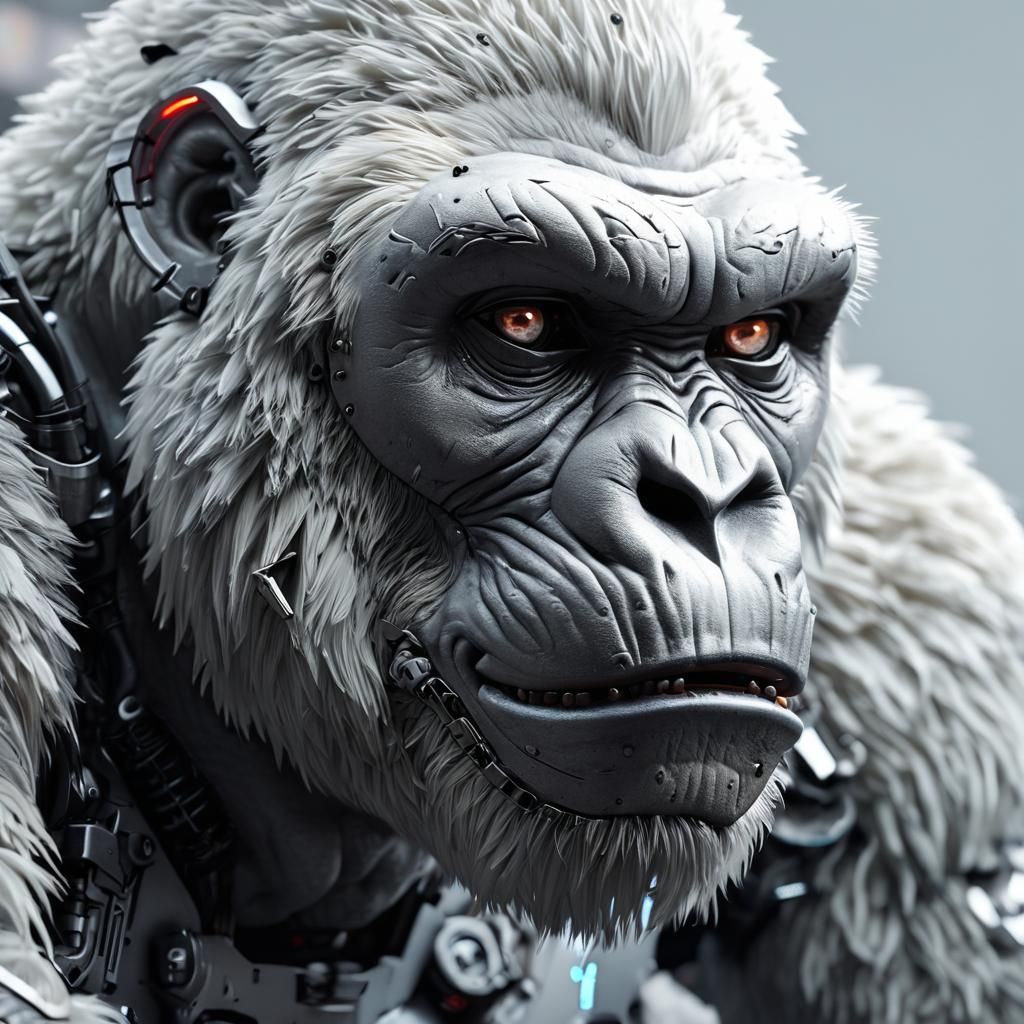 White Gorilla Cyborg in Cyberpunk Sci-Fi Alleyway