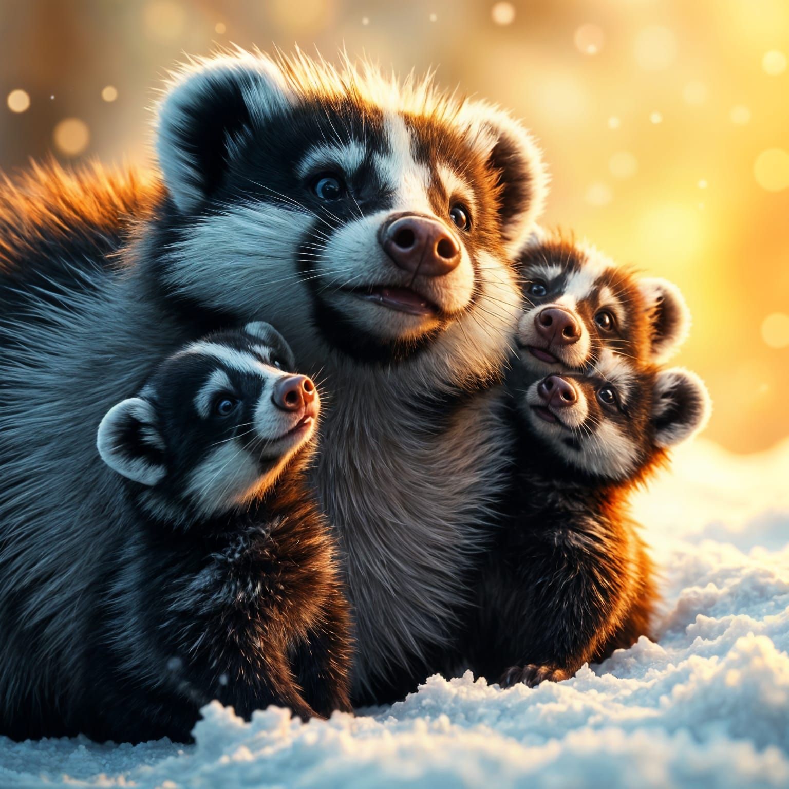 Delighted Skunk Mother and Kits in Snowy Winter Wonderland