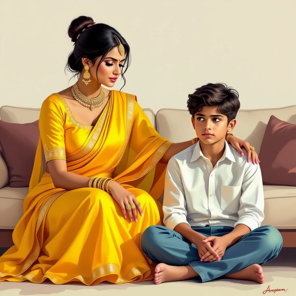 Stunning Indian Woman Admonishing Young Boy