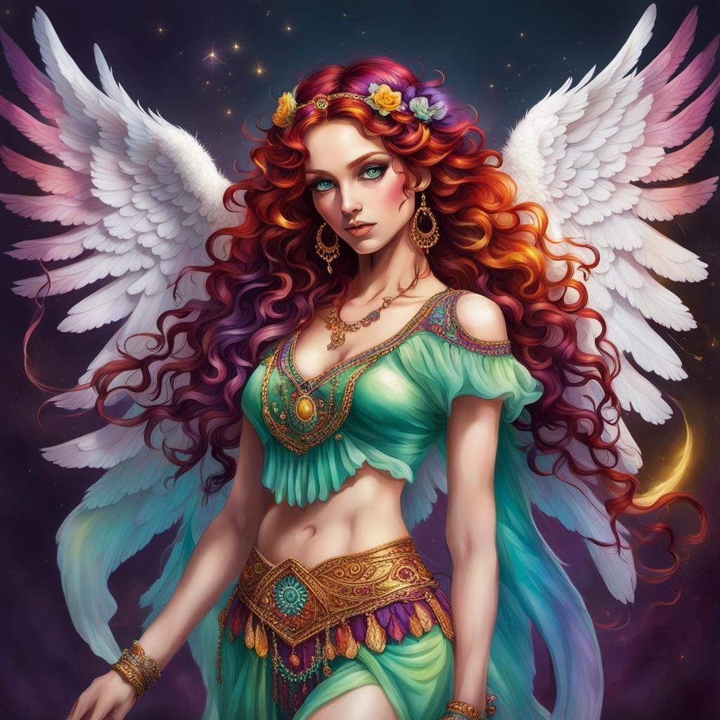 Striking Angel in Gypsy Attire with White Wings