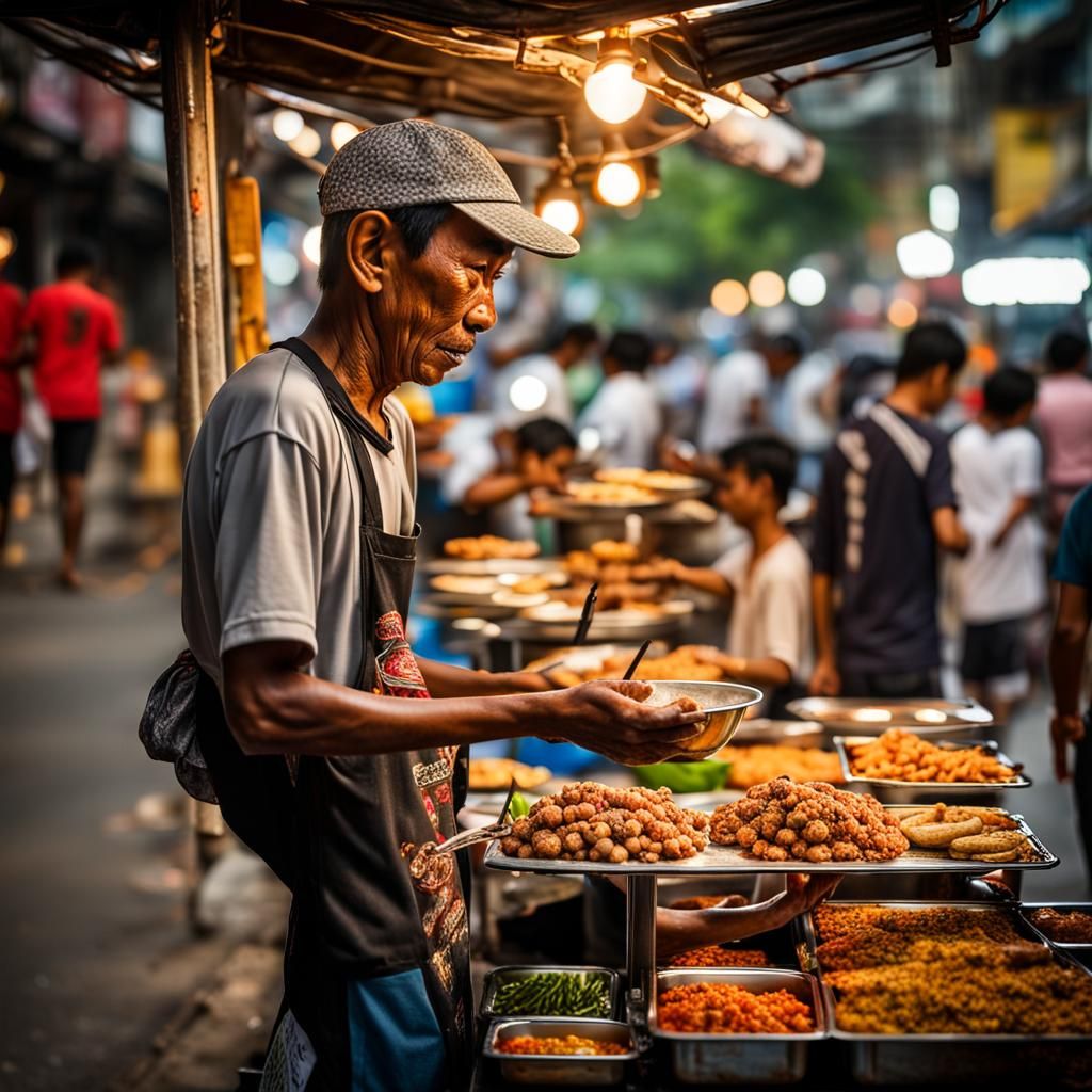 A busy street food vendor in Kuala Lumpur, Malaysia. He is serving an amazing local food to passers-by from a pop-up sta...