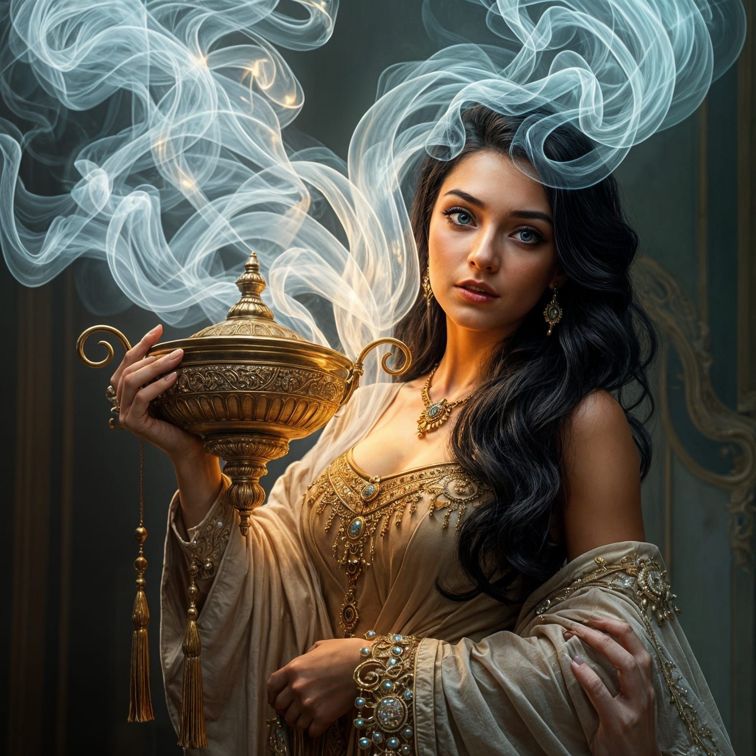 Ethereal Female Genie Emerges from a Smoke-Filled Lamp