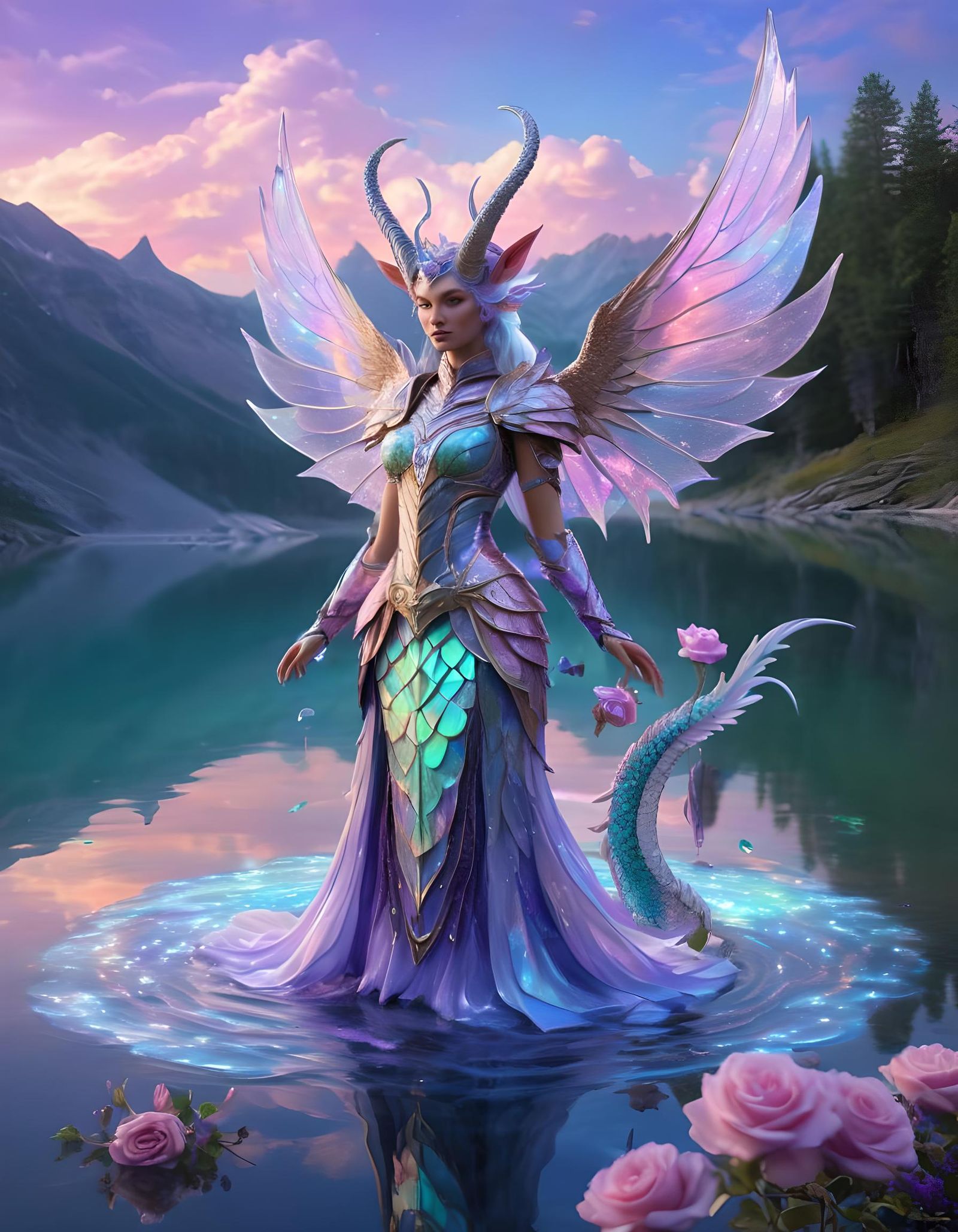 Dragon-Winged Woman in Ethereal Fantasy Landscape