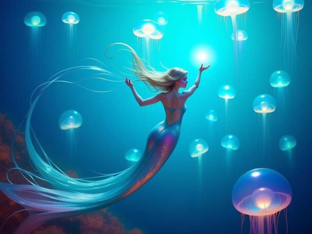 Surreal Mermaid Enchants with Bioluminescent Jellyfish in Dr...