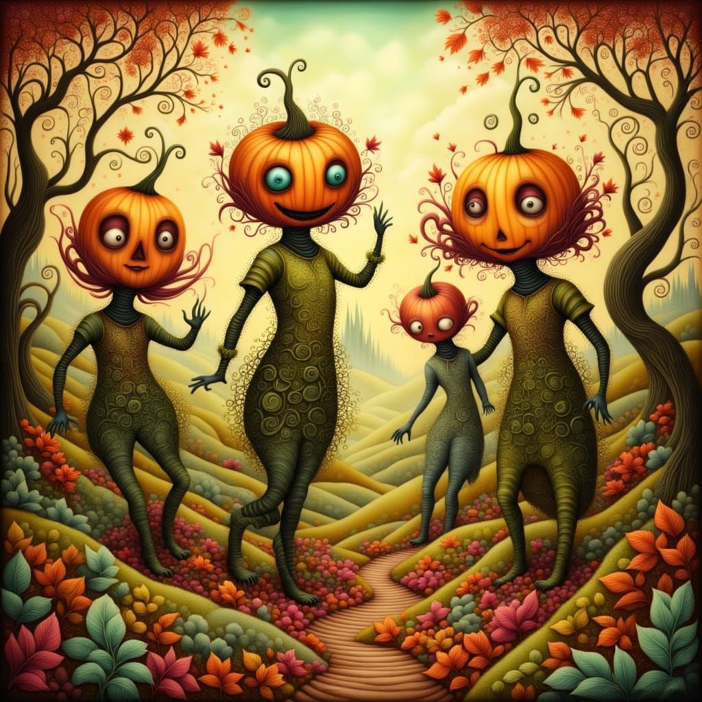 Whimsical Pumpkin Creatures in Autumn Leaves