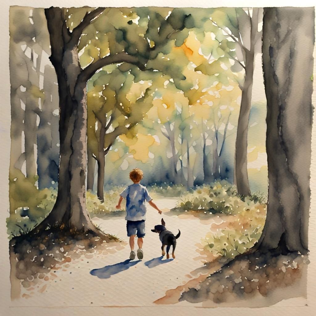 Boy and Dog Play in Summer Trail Scene